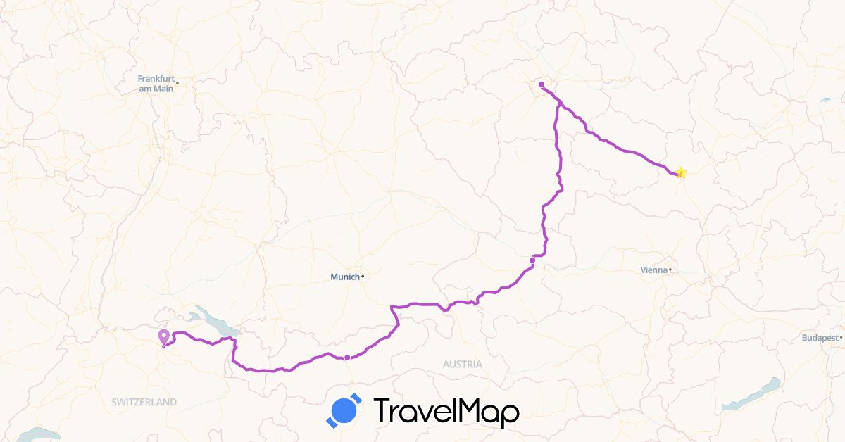 TravelMap itinerary: driving, train in Austria, Switzerland, Czech Republic (Europe)