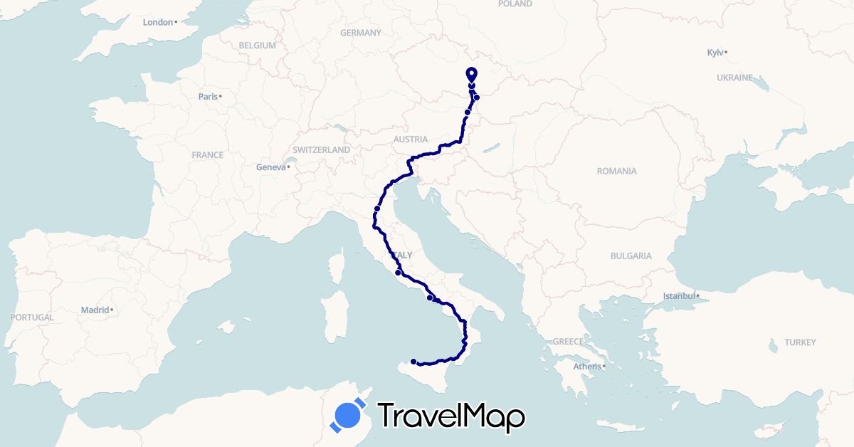 TravelMap itinerary: driving in Austria, Czech Republic, Italy (Europe)